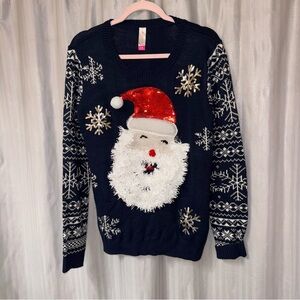 No Boundaries Blue Santa Christmas Sweater Junior size 15/17 with defect